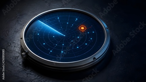 Futuristic glowing blue radar screen detecting an orange target blip on a dark metallic surface for security and navigation concepts.
