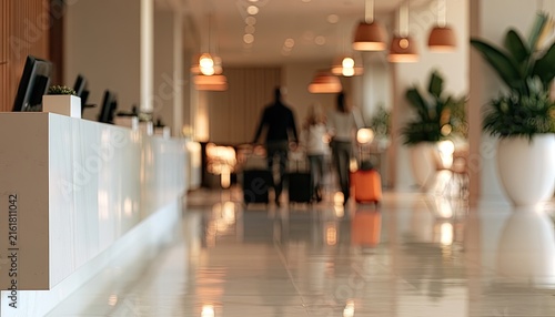 Warm, sunlit hotel lobby with blurred figures and luggage by check-in