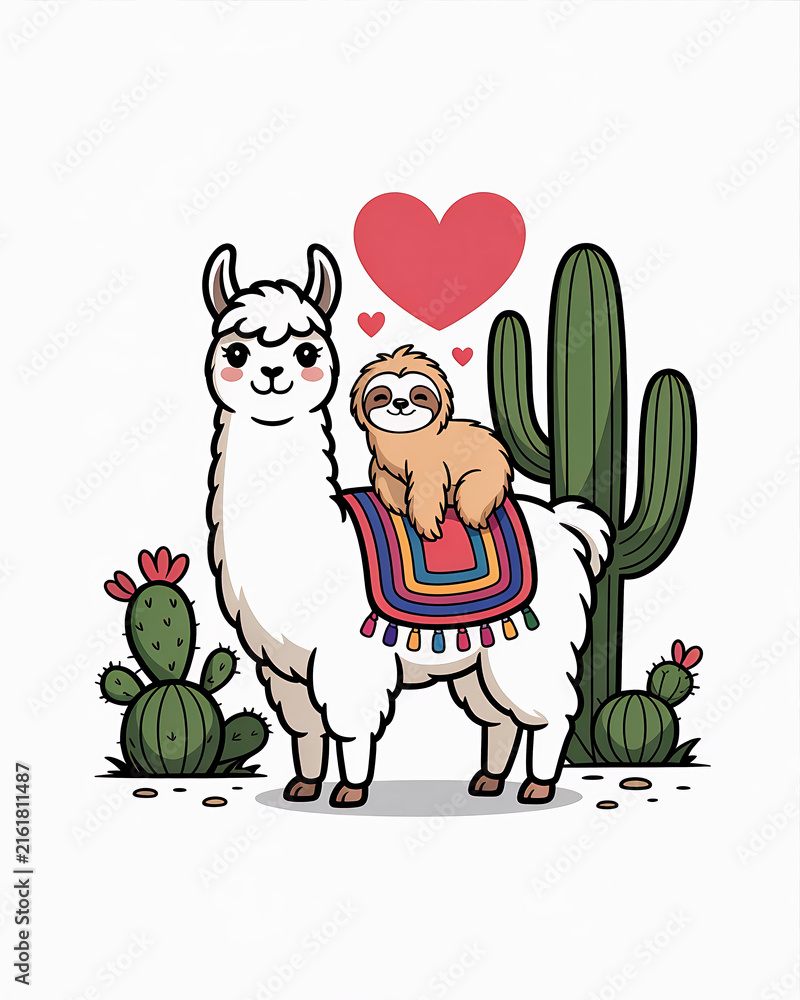 Naklejka premium A llama with a sloth riding on its back stands amongst desert cacti and hearts.