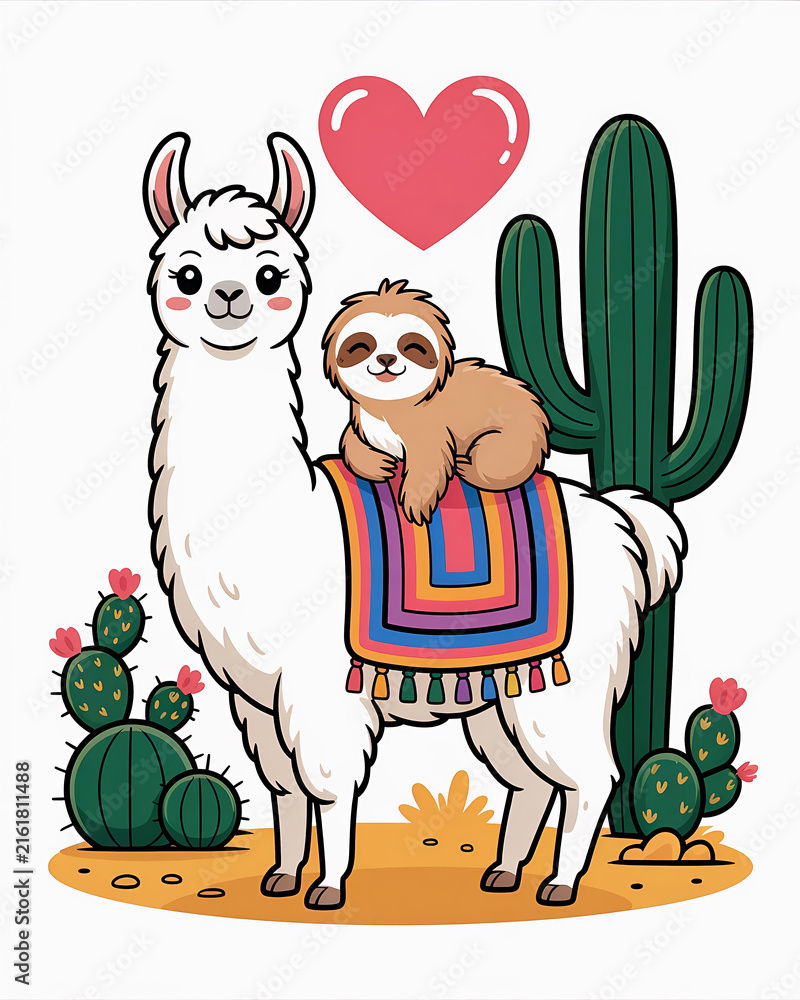 Naklejka premium A llama with a sloth riding on its back stands amongst desert cacti and hearts.