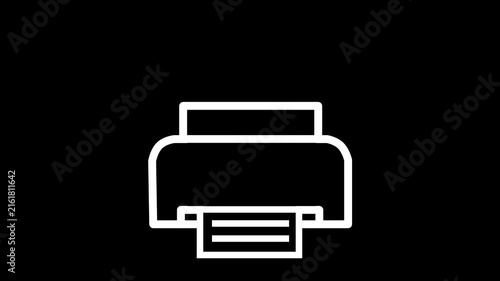 Simple animated white outline icon of an office printer printing a document against a black background.