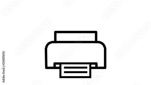 Simple animated black outline icon of an office printer printing a document against a solid white background.