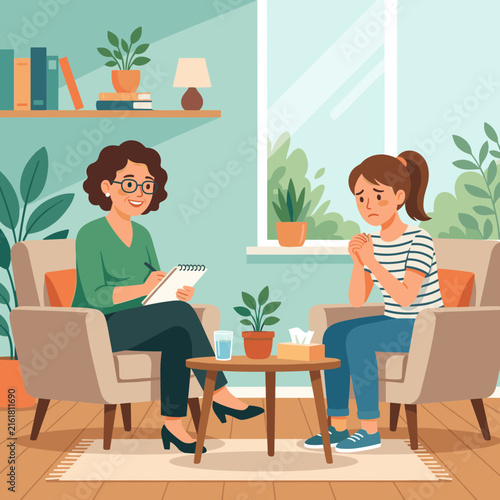 Therapist counseling distressed young woman in cozy office mental health support