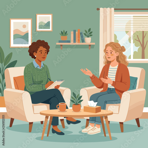 Therapy Session Counselor and Patient Talking in Cozy Room