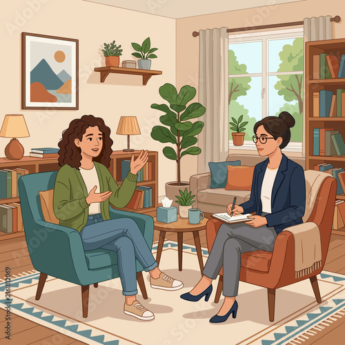 Therapy session with counselor and patient talking in a cozy room