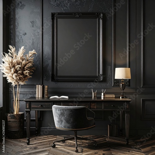 Black classic home office interior with desk and empty frame, moody dark atmosphere for sophisticated workspace design and branding mockup