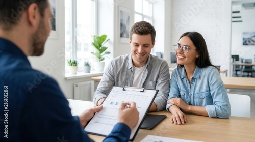 A financial consultant explaining a new project investment to a young smiling couple in a modern office.