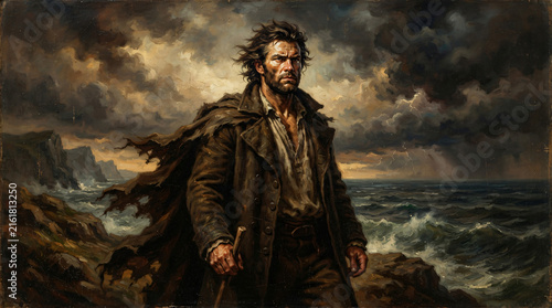 Romanticism Style Oil Painting Portrait of Heroic Man with Windswept Hair Determined Gaze Stormy Sky Background Turbulent Lighting Museum Quality Artwork