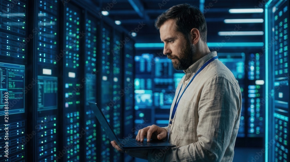 Fototapeta premium Engineer servicing server clusters with high computing power for artificial intelligence and machine learning workloads in a hyperscale data center