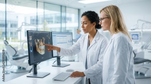 Two innovative female dentists analyzing 3D computer technology in a modern clinic.