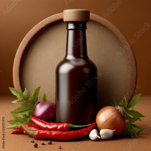 A dark brown glass sauce bottle with a wooden cap, surrounded by fresh red onions, yellow onions, red chili peppers, garlic cloves, and green herbs on a brown background.