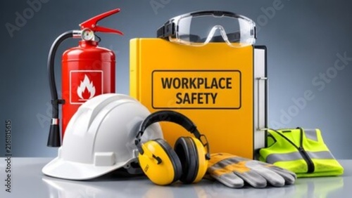 Personal Protective Equipment and Workplace Safety Items with Hard Hat, Goggles, and Fire Extinguisher