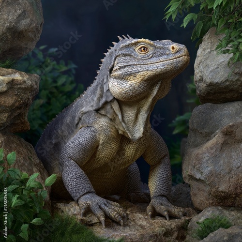 A detailed side profile of an iguana perched on a rock in a naturalistic habitat, surrounded by stone formations and lush green foliage.