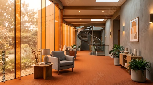 Contemporary Luxury Lounge Featuring Amber Glass Windows, Cozy Armchairs, and Elegant Spiral Staircase