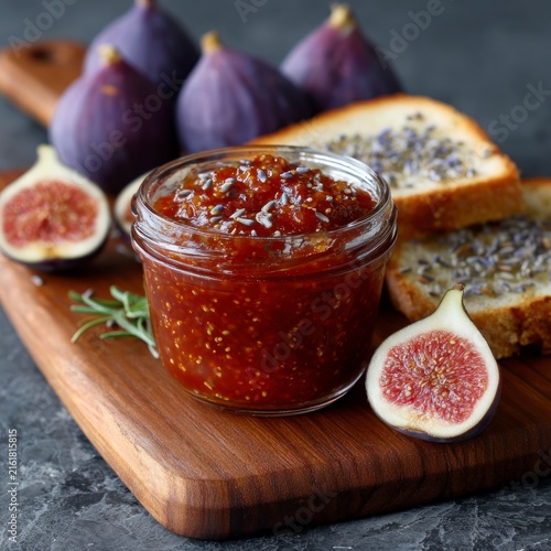 A glass jar filled with fresh fig jam infused with lavender, served on a wooden cutting board with sliced bread and fresh whole and halved figs.