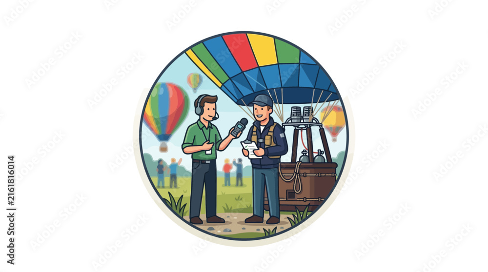 Naklejka premium Reporter Interviewing Hot Air Balloon Pilot Vector Illustration