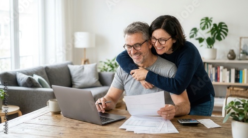 Mature couple reviewing financial documents and planning a family budget at home.