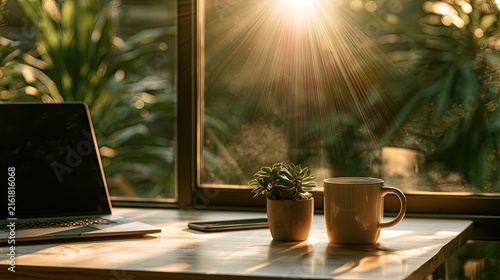 Sunny morning light streams through a window onto a desk with a laptop and coffee