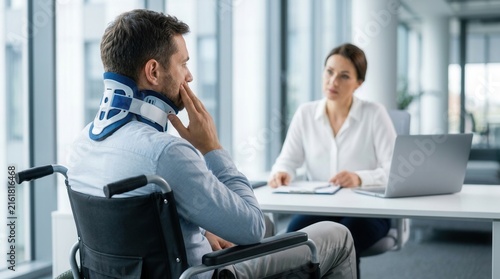 A disabled worker wearing a cervical collar during a disability compensation consultation.