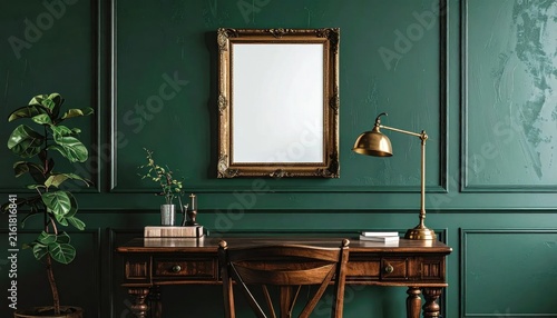 Empty ornate gold frame on dark green wall over vintage wooden desk with brass lamp and plant for home office interior decor