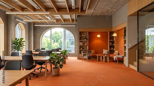 Modern Open Plan Coworking Space Interior with Ergonomic Workstations, Orange Carpet, and Cozy Lounge