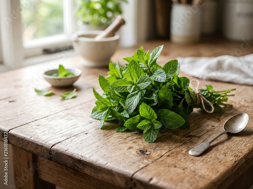 fresh herbs on a wooden table