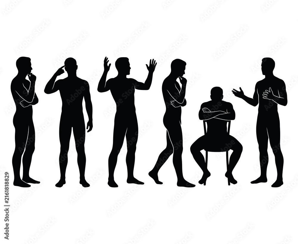 Fototapeta premium Silhouettes of men in diverse thinking and discussing poses standing and sitting