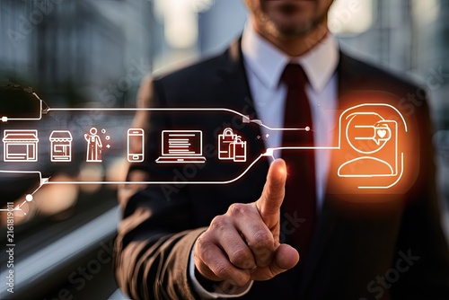Businessman interacting with digital interface showing retail & customer journey