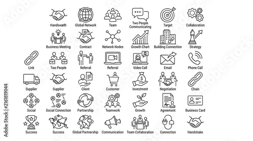 Business partnership line icons display corporate communication, teamwork, networking, and professional collaboration symbols.