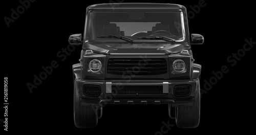 Black luxury SUV speeding toward the camera in a dynamic front view. Includes 4K resolution with alpha channel.