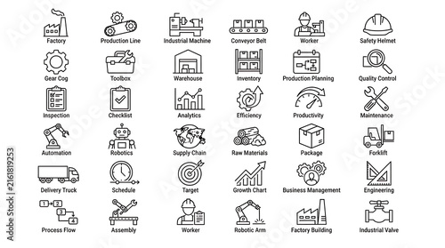Manufacturing and industrial process icon set illustrates factory operations, machinery, automation, worker safety, and production control.