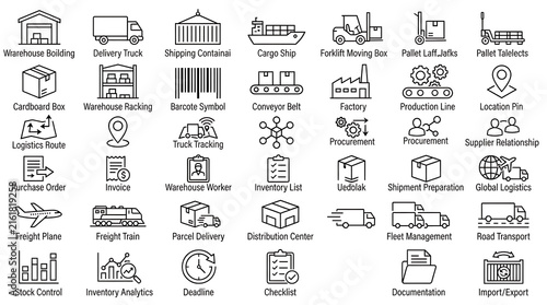 Supply chain and cargo transport icon set displays symbols for freight, inventory tracking, distribution, and warehouse management.