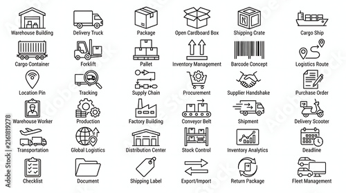Logistics and supply chain icon set features icons for shipping, warehousing, distribution, and freight delivery service operations.
