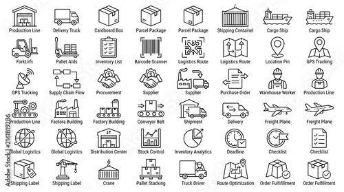 Supply chain icons illustrating freight transportation, inventory tracking, warehouse logistics, and global delivery systems.