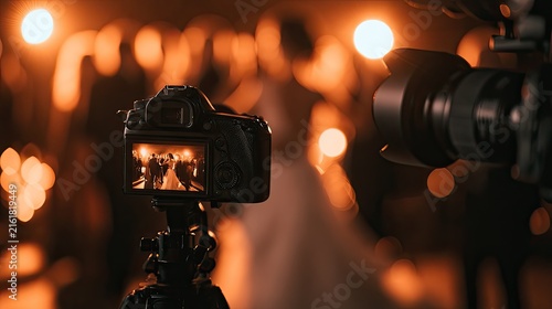 Camera focused on a screen showing people dancing at a warmly lit event