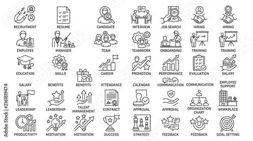 Business icons representing human resources, recruitment, corporate management, and employee development are displayed in a grid layout.