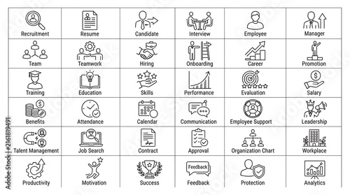 Recruitment icons displayed in a structured grid format presenting human resources concepts.