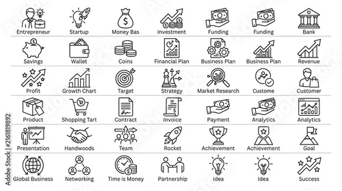 Business icon set featuring black outline symbols for finance startup and workflow.