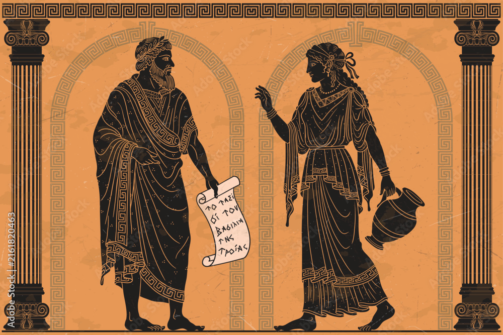 Fototapeta premium Drawing in ancient Greek style. An ancient Greek man with a papyrus with an inscription in Greek: The Journey of the Trojan King. and a woman with a jug in her hands stand and talk in an old temple be