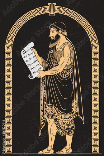 Drawing in ancient Greek style. An ancient Greek man in a tunic with a scroll of papyrus with an inscription in Latin: And the story of the Trojan War does not begin with the twins' egg. Male figure a
