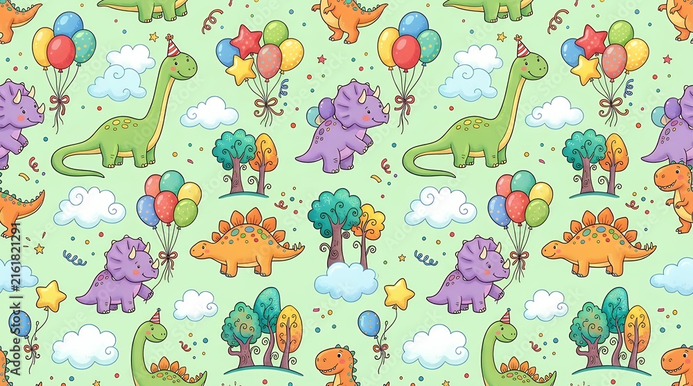 Seamless Pattern Featuring Cute Cartoon Dinosaurs Party Balloons Clouds And Whimsical Trees Backdrop dinosaur dinosaurs balloon balloons cartoon cute pattern seamless rainbow tree trees cloud clouds