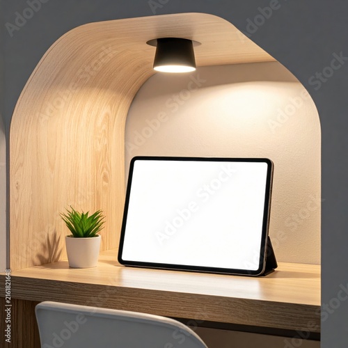 Blank tablet screen mock up on a modern wooden desk with accent lighting and small green succulent plant, home office workspace interior