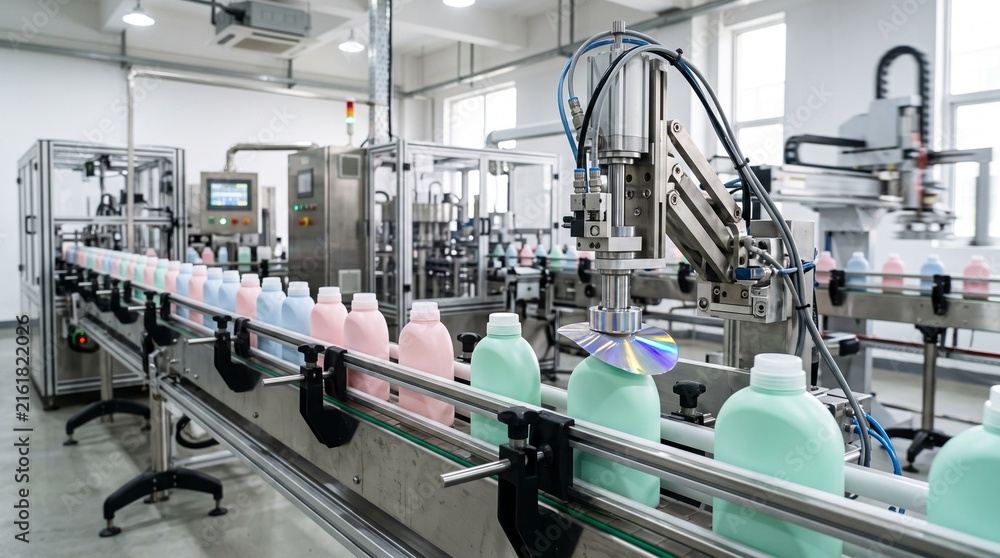 Fototapeta premium Blank holographic seals move along a product line