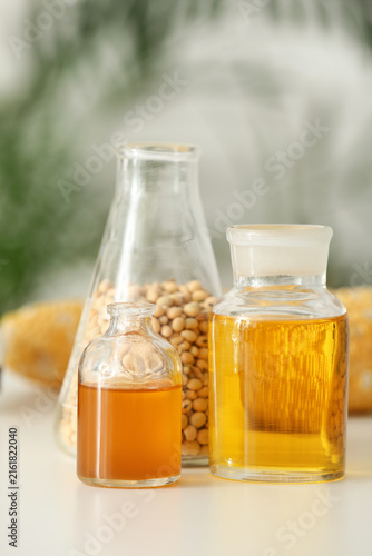 Fotografía Biofuel and renewable energy research, plant-based oil and soybeans in laborator