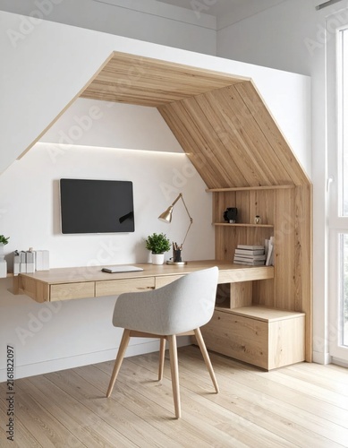 Modern home office with wooden desk and integrated shelving in a cozy workspace, interior design, remote work, study area