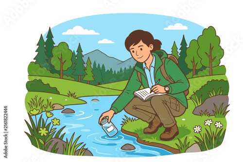 Foto Boy fishing in a calm river with green landscape