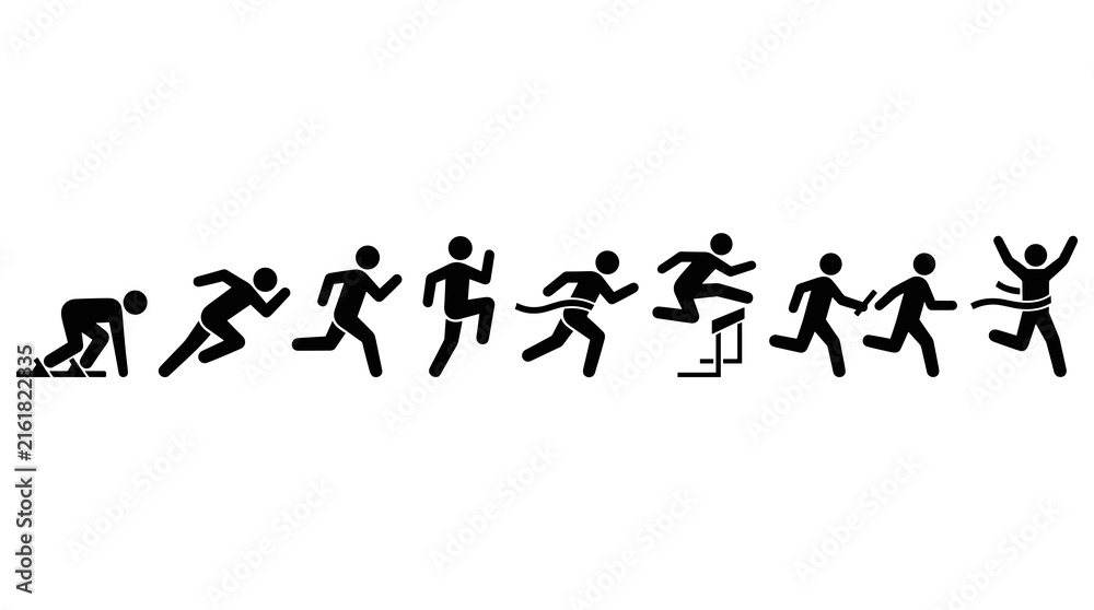 Obraz premium Sequence of running athletes from start to finish line, showing hurdles and victory pose, representing speed and competition
