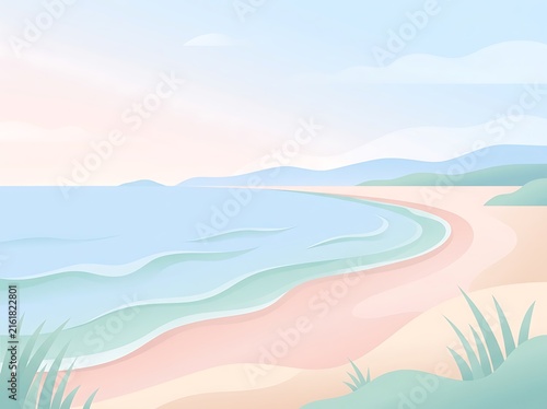 Flat vector illustration of coastal waves at soft morning light