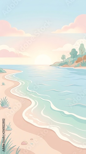 Flat vector illustration of coastal waves at soft morning light