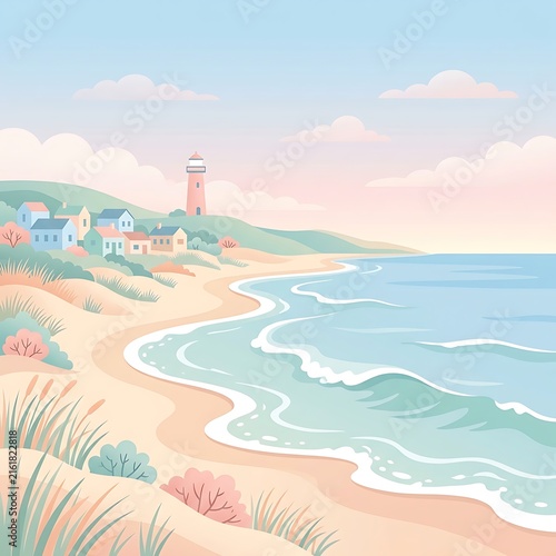 Flat vector illustration of coastal waves at soft morning light